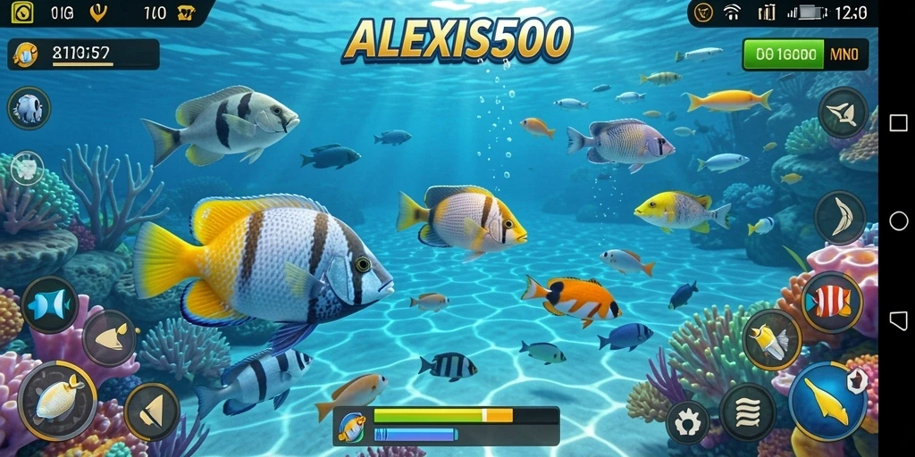 Screenshot ALEXIS500 menunjukkan aksi seru menembak ikan.
