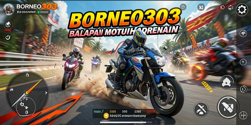 Tampilan gameplay dramatis dari balapan motor yang penuh aksi.