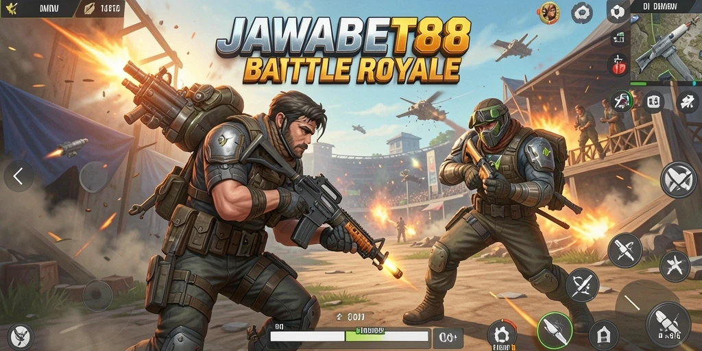 Tangkapan layar JAWABET88 menunjukkan aksi intens di arena Battle Royale.
