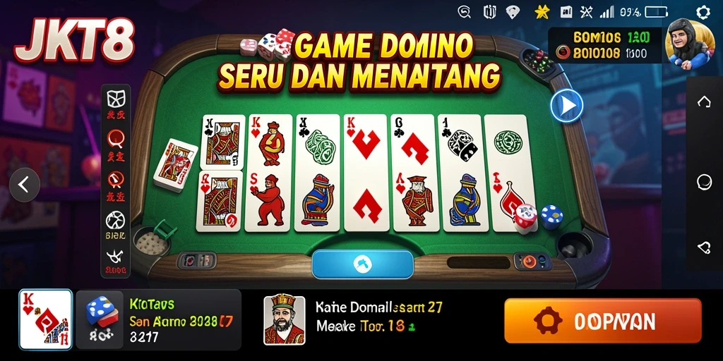 Screenshot utama JKT8 menampilkan gameplay domino yang seru.