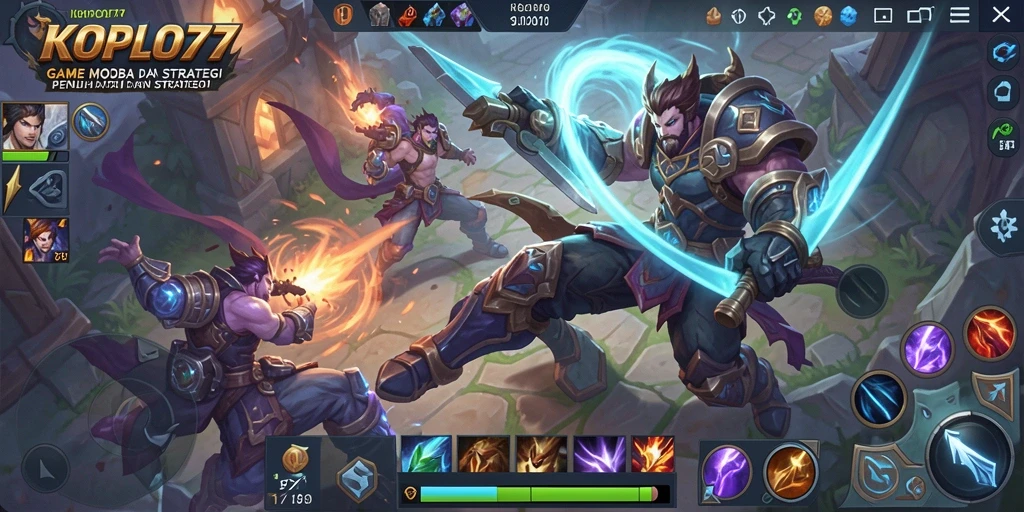 Screenshot gameplay KOPLO77 dengan aksi pertempuran MOBA yang seru.