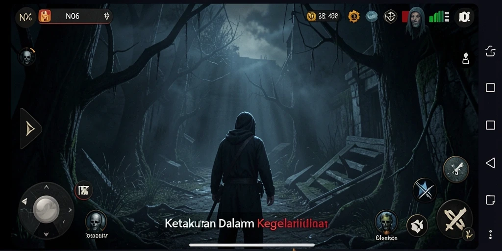 Screenshot N06 menampilkan karakter yang melawan ketakutan dalam suasana mencekam.