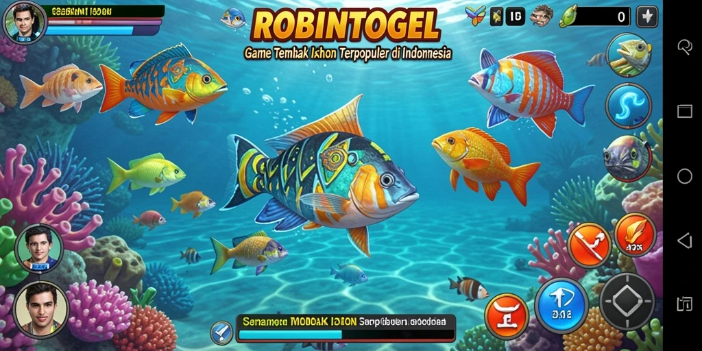 Screenshot gameplay ROBINTOGEL menunjukkan aksi menembak ikan yang seru.